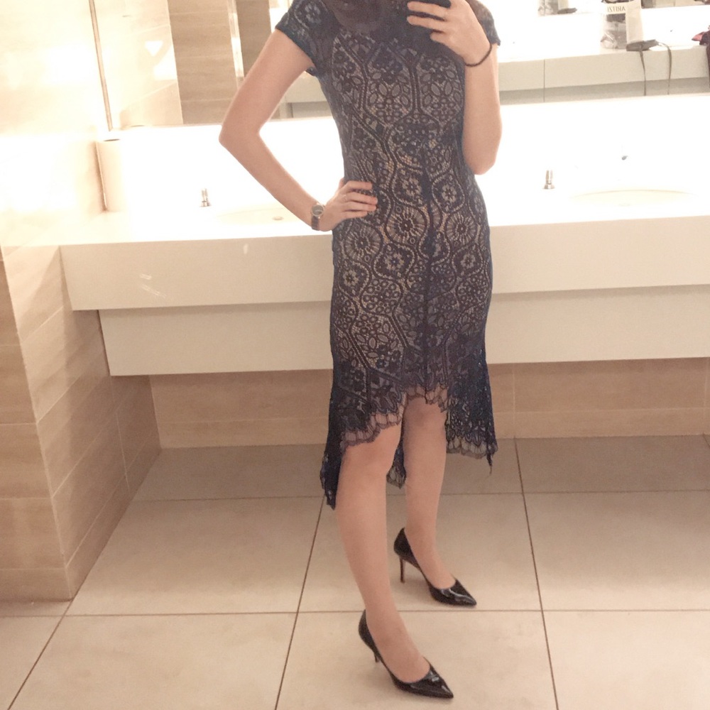 Harper & Me Navy Blue Lace Overlay Midi Dress
